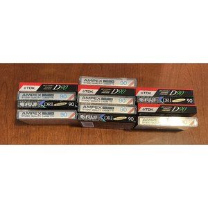 Lot of 13 90 Minute Unused Blank Cassettes, TDK, Fuji, Ampex - sealed